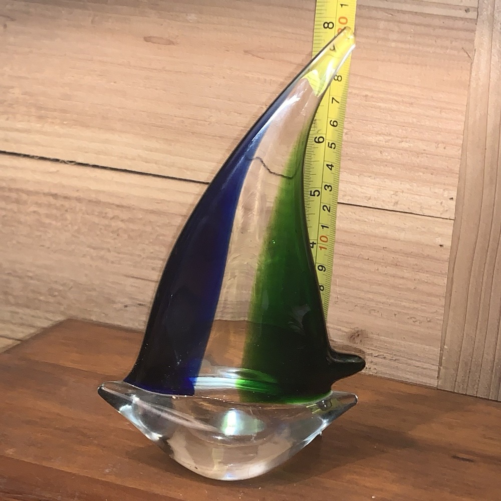 Murano Style 8" Sailboat Cobalt Blue Green & Clear Glass Paperweight Decor - Picture 6 of 7